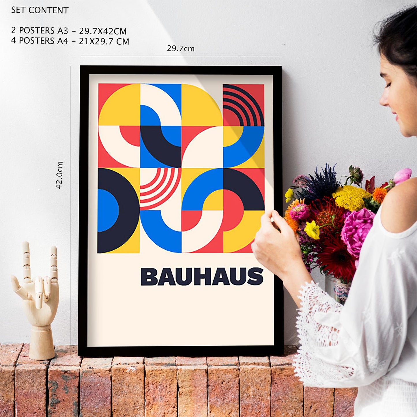 Nacnic Set of 6 Prints in Bauhaus Style 6. Geometric design style Prints with frames Decorative frames for your living room, bedroom, home. Wall art print. Sizes A4 and A3 with Lightwood frames