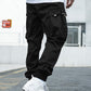 OYOANGLE Men's Casual Drawstring Elastic Waist Flap Pocket Letter Graphic Street Jogger Cargo Pants Black Solid Large