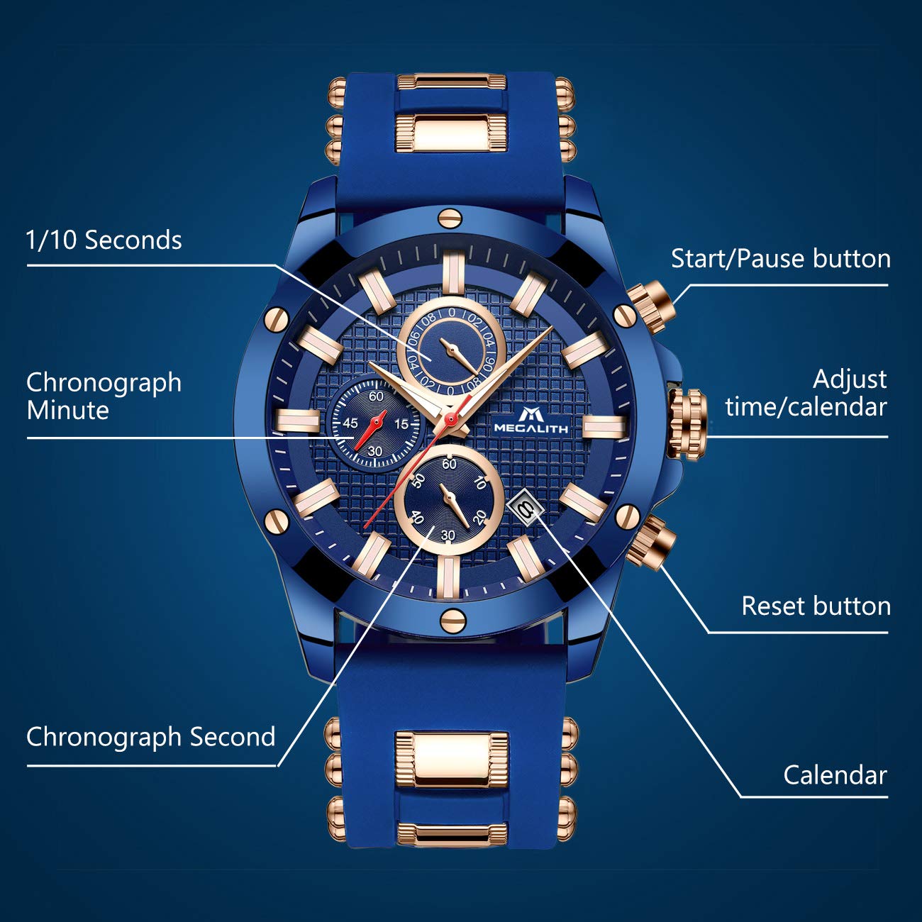 MEGALITH Mens Watches Chronograph Waterproof Watches for Men Blue Face Analogue Wrist Watches Designer Gents Watches Rubber Quartz Luminous Date