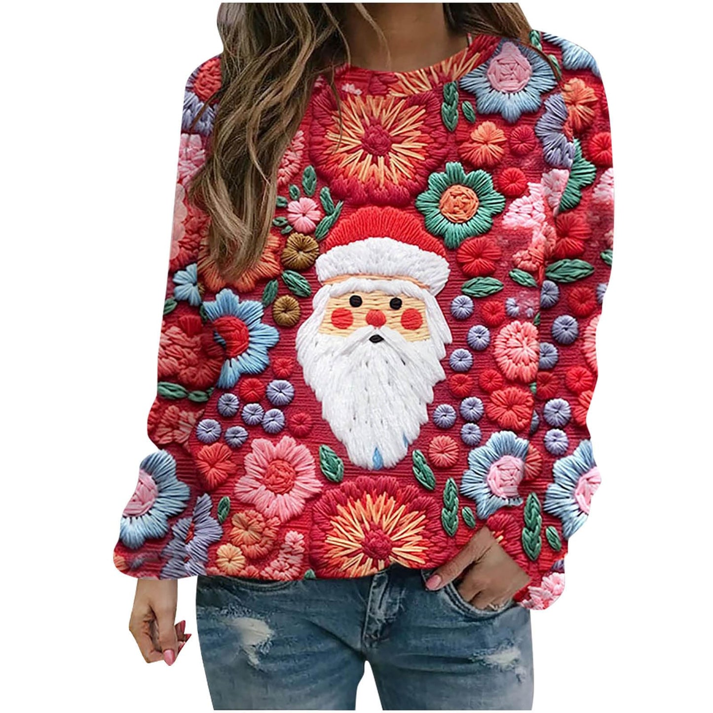 Womens Christmas Sweatshirt UK Clearance, Ladies Santa Claus Xmas Tree Snowman Printed Jumper Long Sleeve Pullover Crew Neck Sweater Funny Blouse Winter Jumpers Going Out Shirt Plus Size