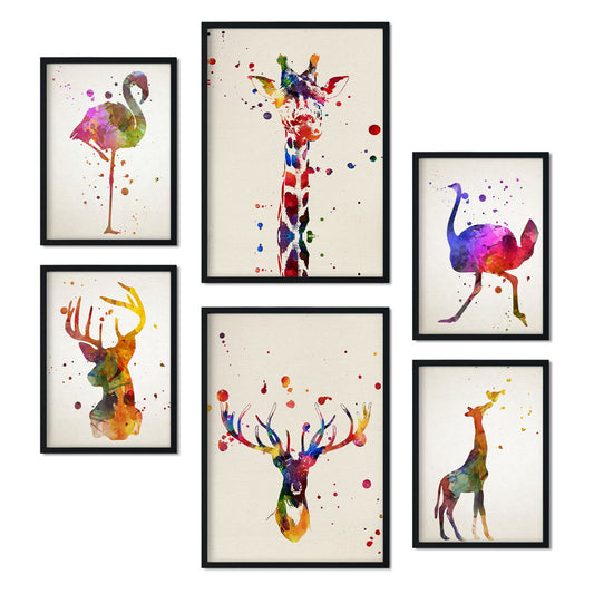 Nacnic Set of 6 posters of watercolor animals. Collection of plates with aesthetic collage for interior decoration. Sizes A3 and A4. Frameless.