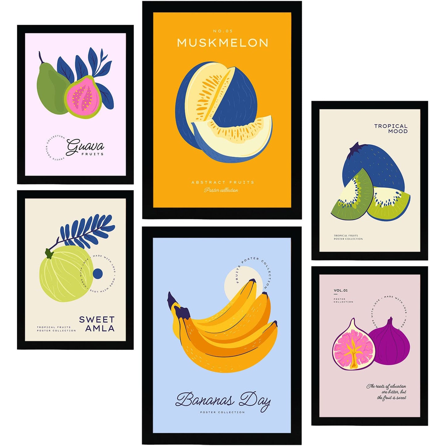 Nacnic Set of 6 Food and fruits Posters. Tropical Fruits. Nature and Botany Wall Art Prints in Vibrant Colours for Interior Design and Decoration. Sizes A3 & A4. Unframed.