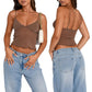 Women Y2k Cami Top See Through Deep V Neck Mesh Patchwork Spaghetti Strap Cropped Top Sleeveless Tank Vest Top (Brown, S)