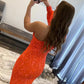 Women's Long Sleeve Prom Dresses 2024 One Shoulder Sequin Mermaid Formal Evening Party Gown with Slit Hot Pink Size 10