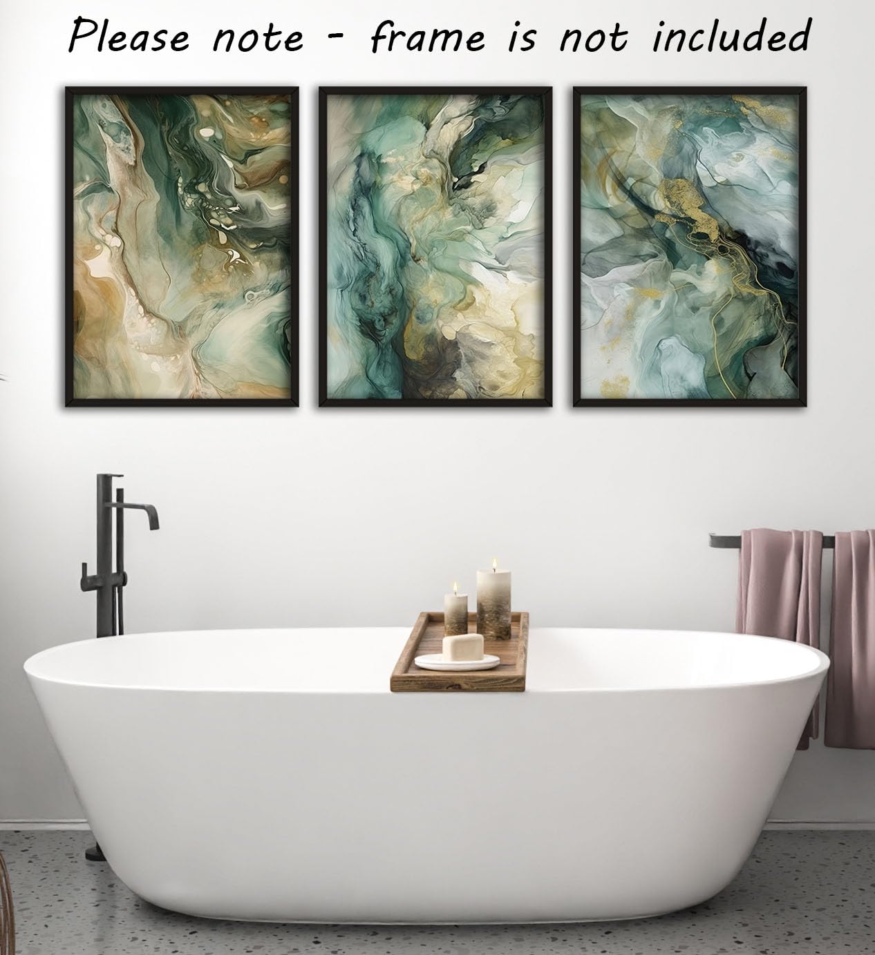 Green Liquid Marble Set of 3 Unframed Wall Poster Prints, Liquid Marble Textures, Bedroom Bathroom Living Room Kitchen Office Home Decor, Modern Abstract Wall Art (A4)