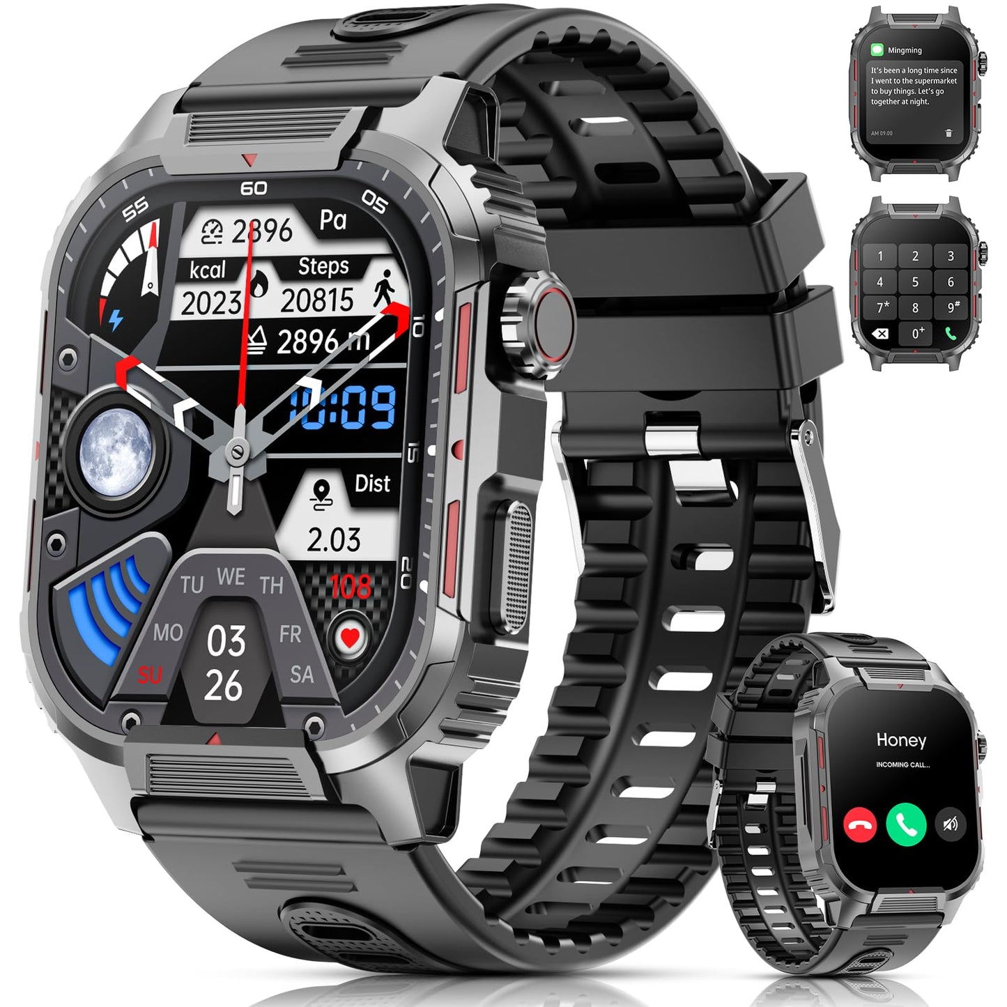 Military Smart Watches for Men Answer/Make Calls, 2.02" HD Large Screen Fitness Watch with Heart Rate Blood Oxygen Sleep Monitor Pedometer, 123 Sports Modes Smart Watch for Android iOS Phones