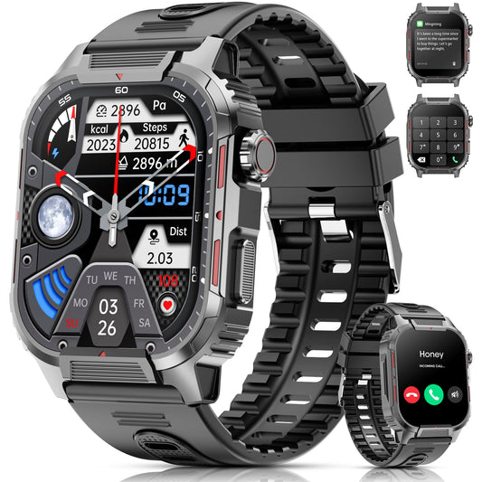 Military Smart Watches for Men Answer/Make Calls, 2.02" HD Large Screen Fitness Watch with Heart Rate Blood Oxygen Sleep Monitor Pedometer, 123 Sports Modes Smart Watch for Android iOS Phones