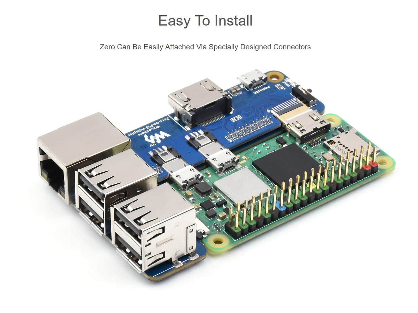 Waveshare Pi Zero to Raspberry Pi 3 Model B/B+ Adapter, Onboard 4-CH USB Interface, 100M Ethernet Port and HDMI Port, Alternative for Raspberry Pi 3B/B+, Support Pi Zero and Zero 2W