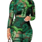 Women's Sexy See Through Sheer Mesh Long Sleeve Floral Midi Cover Up Dress Crop Tank Tops Skirt 3 Piece Outfits Set Green S