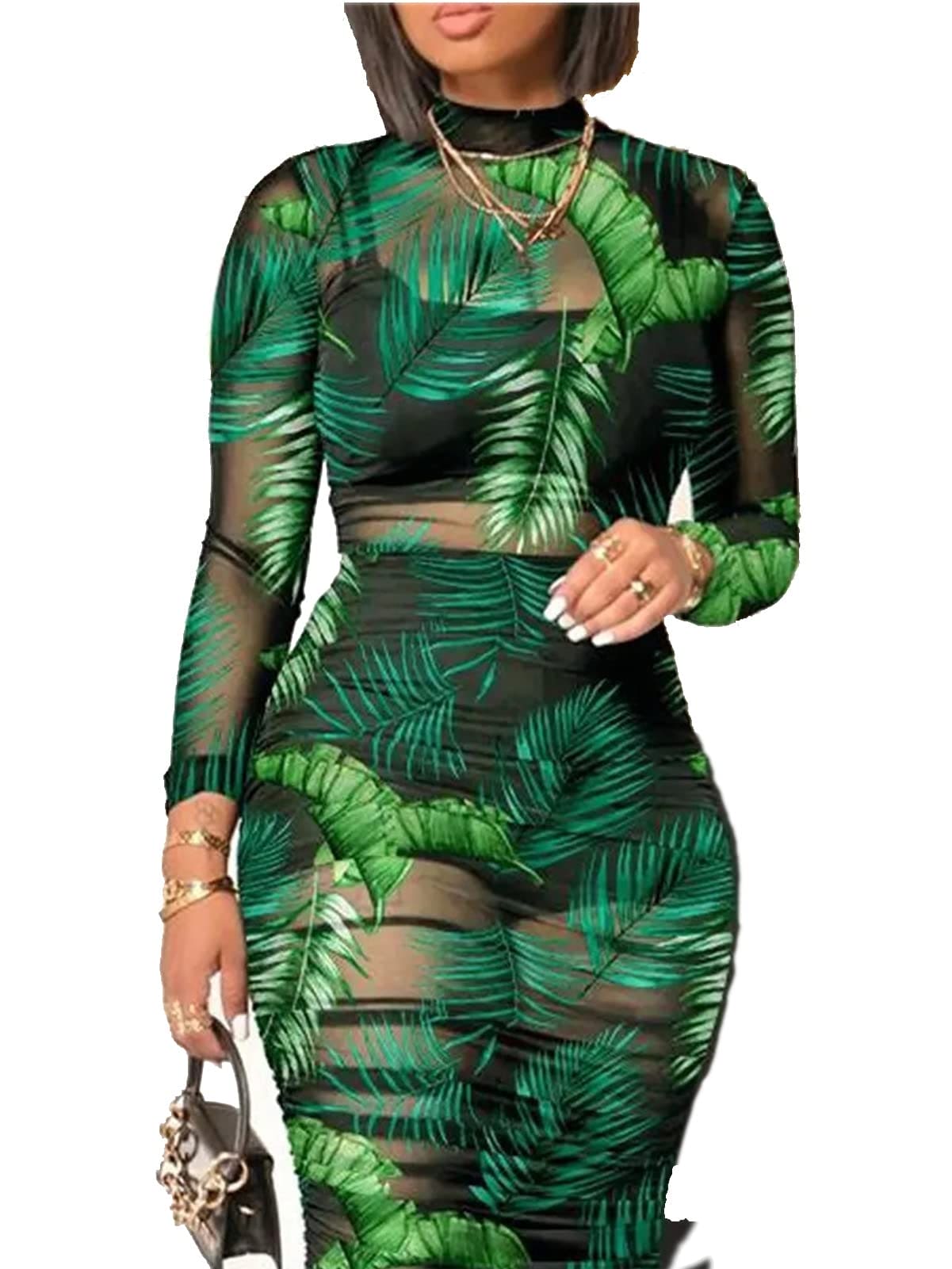 Women's Sexy See Through Sheer Mesh Long Sleeve Floral Midi Cover Up Dress Crop Tank Tops Skirt 3 Piece Outfits Set Green S