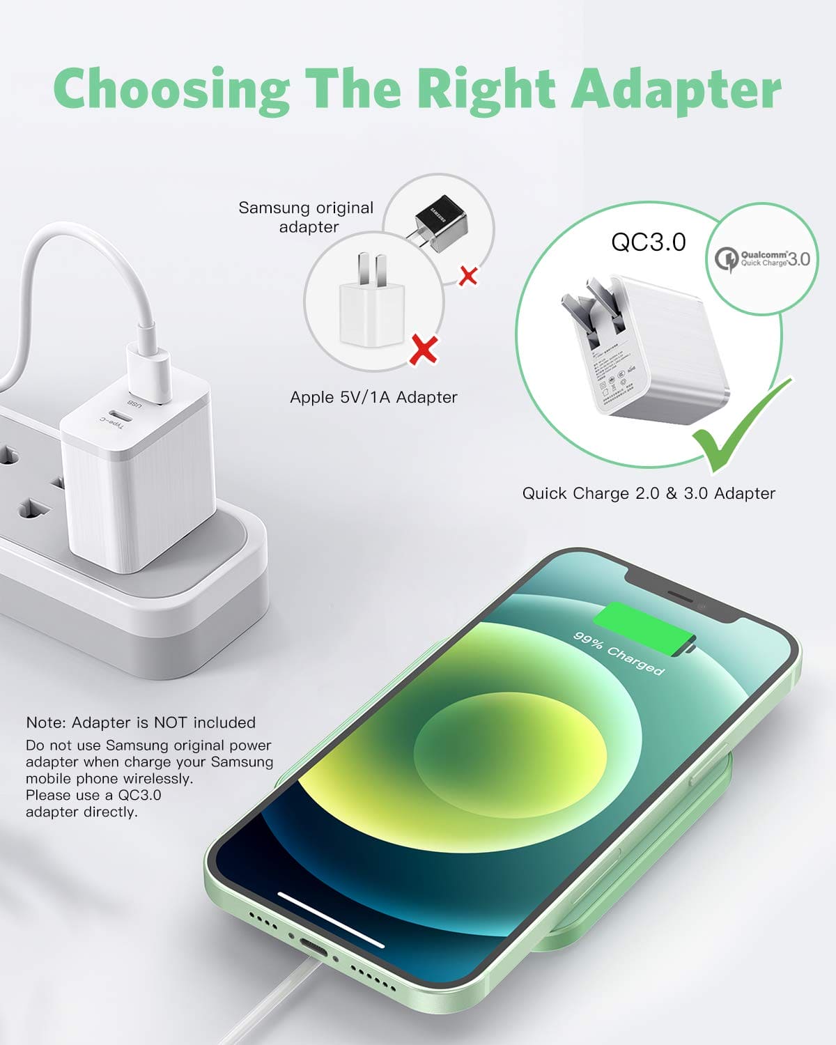 AGPTEK Wireless Charger, Qi-Certified 15W Max Fast Wireless Charging Pad Compatible with iPhone 15/14/13/12/11/XR/XS/8, for Samsung S24/S23/S22/S21/S20/S10/S9, AirPods Pro, Green (No AC Adapter)