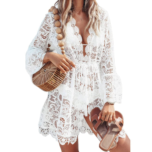 Women Lace Floral Bikini Cover Ups V Neck Hollow Out Swimwear Tunic Beach Dress Summer Beachwear (White, Medium)