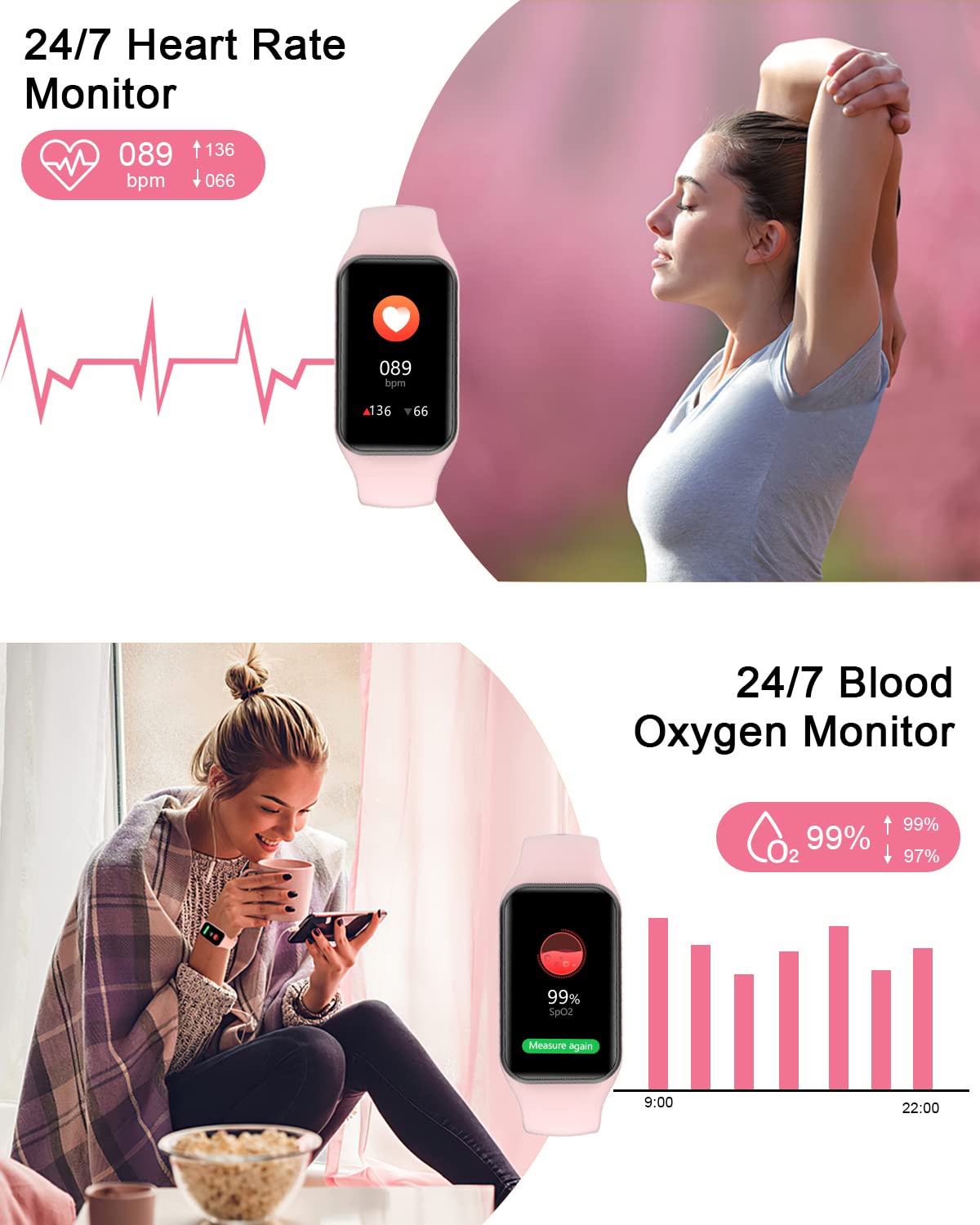 IOWODO Smart Watch for Women, Fitness Tracker with Heart Rate/Blood Oxygen/Sleep Monitor/Custom Dials, 5ATM Waterproof Step Counter Watch with 24 Sport Modes Activity Tracker for iOS Android - Pink