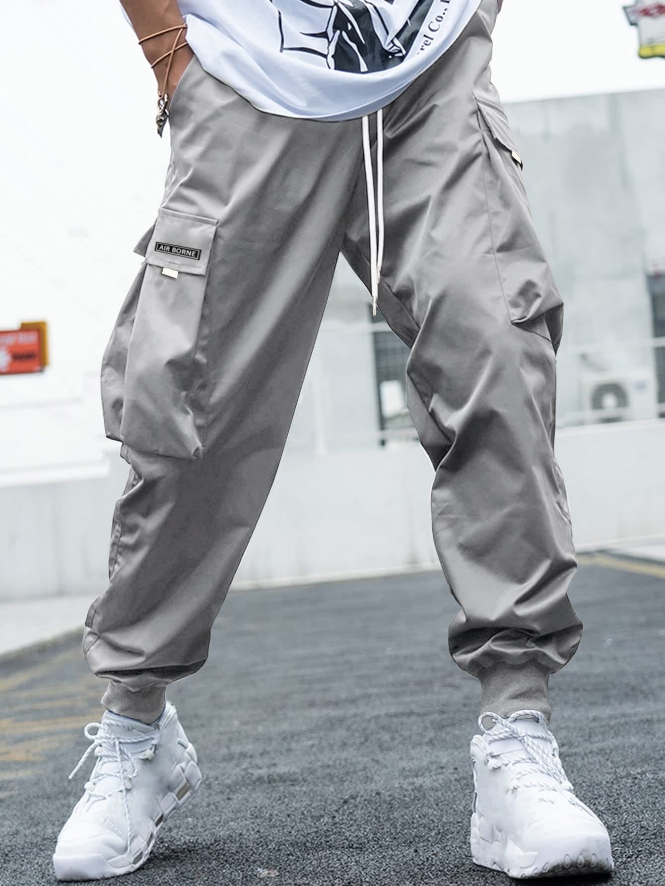 OYOANGLE Men's Casual Drawstring Elastic Waist Flap Pocket Letter Graphic Street Jogger Cargo Pants Light Grey L