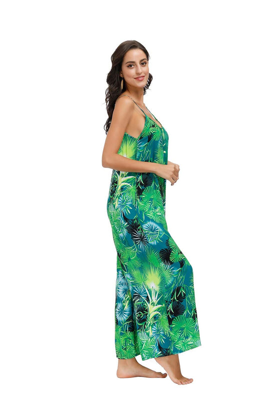 BUENOS NINOS Women's V Neck Floral Maxi Dress Boho Printed Adjustable Spaghetti Strap Ethnic Beach Long Dress with Pockets 3XL Jungle Green Jumpsuit