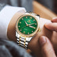 OLEVS Mens Watch Luxury Diamonds Green Dial Day Date Wrist Watches for Men Big Face Gold Bezel Luminous, Male Business Casual Analog Quartz Watch Waterproof with Stainless Steel Band Classic Gifts Set