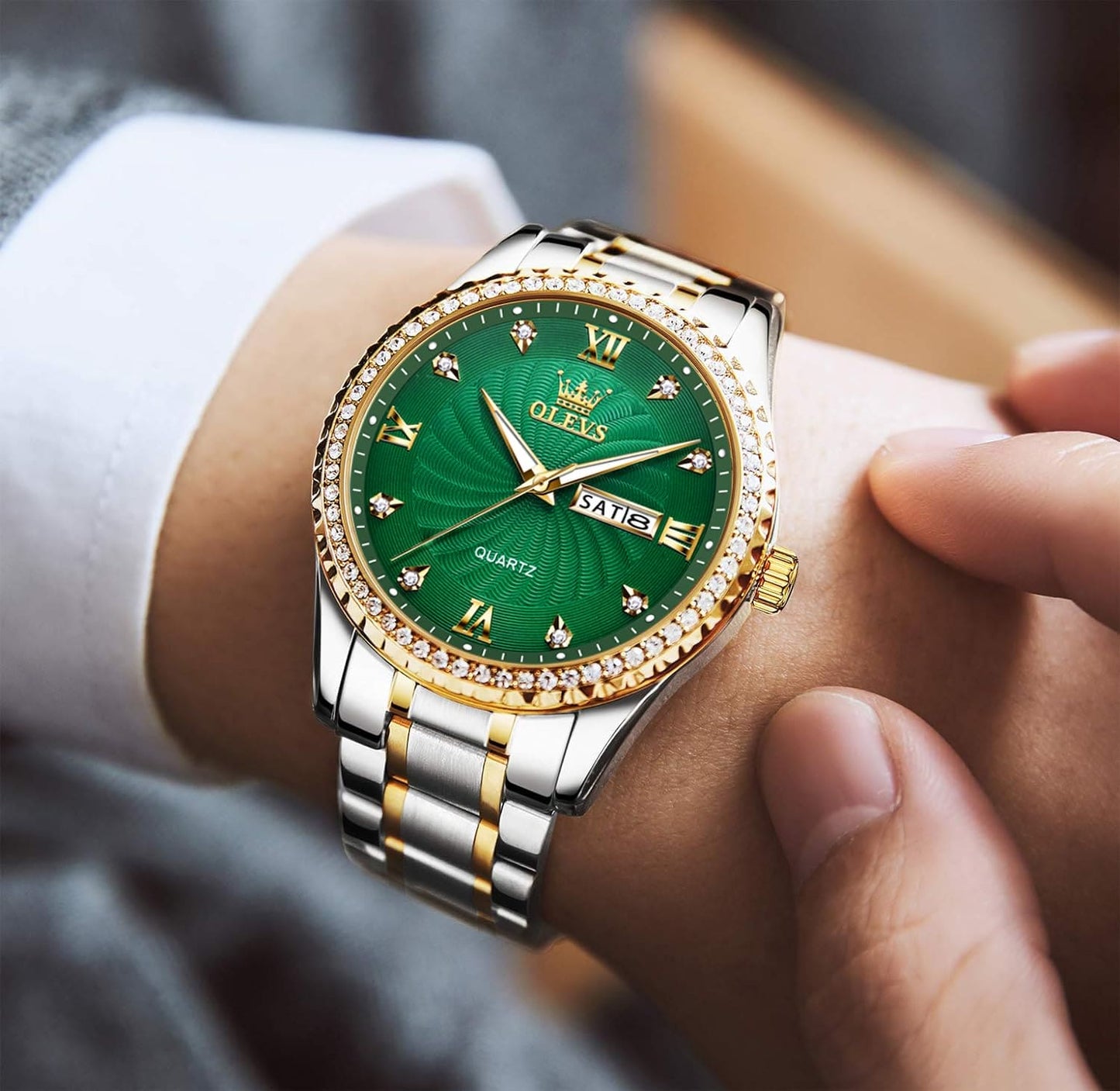 OLEVS Mens Watch Luxury Diamonds Green Dial Day Date Wrist Watches for Men Big Face Gold Bezel Luminous, Male Business Casual Analog Quartz Watch Waterproof with Stainless Steel Band Classic Gifts Set