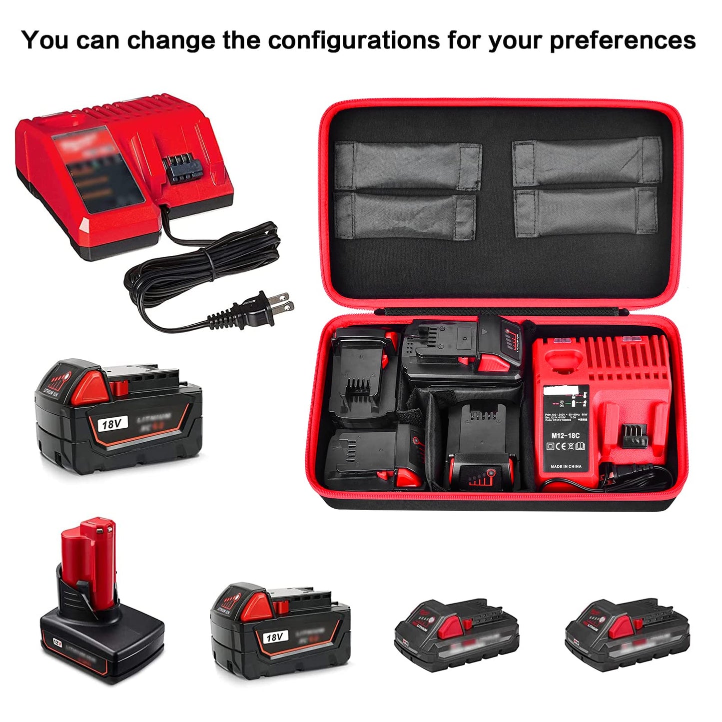 Extra Large Battery Hard Carrying Case, For Milwaukee M18 18V/ M12 12V Battery and Charger, Batteries Box Holder for 2.0/3.0/4.0/6.5/5.0/8.0/6.0/9.0-Ah Batteries, Adapter (Bag Only) - Black