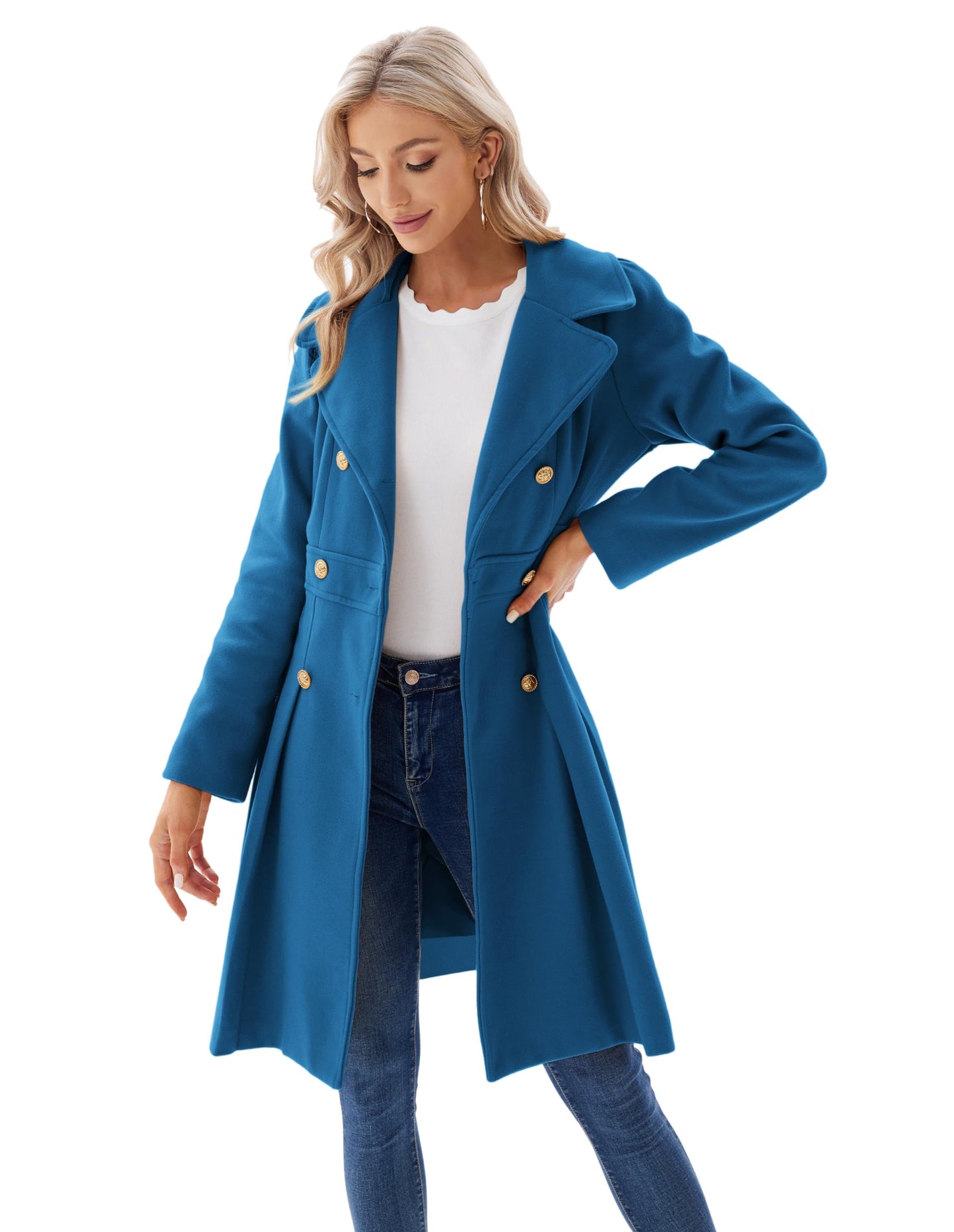 GRACE KARIN Ladies Elegant Wool Blends Trench Coat Slim Fit Double-Breasted Duffle Peacoat for Women Cerulean L