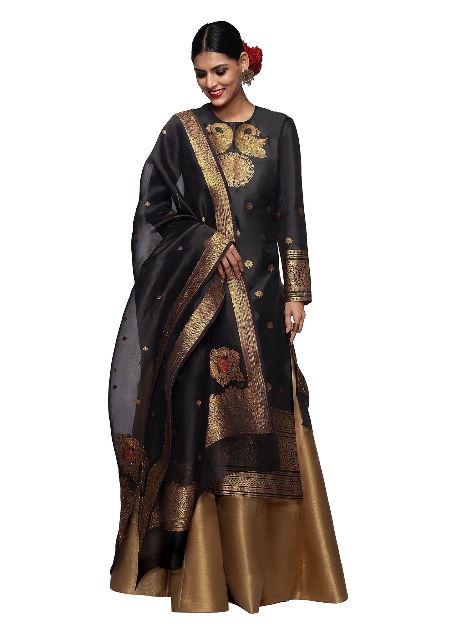 Elina fashion Indian Kurti for Womens With Palazzo & Dupatta | Ethnic Art Silk Readymade Kurtis Stitched Kurta For Women Black