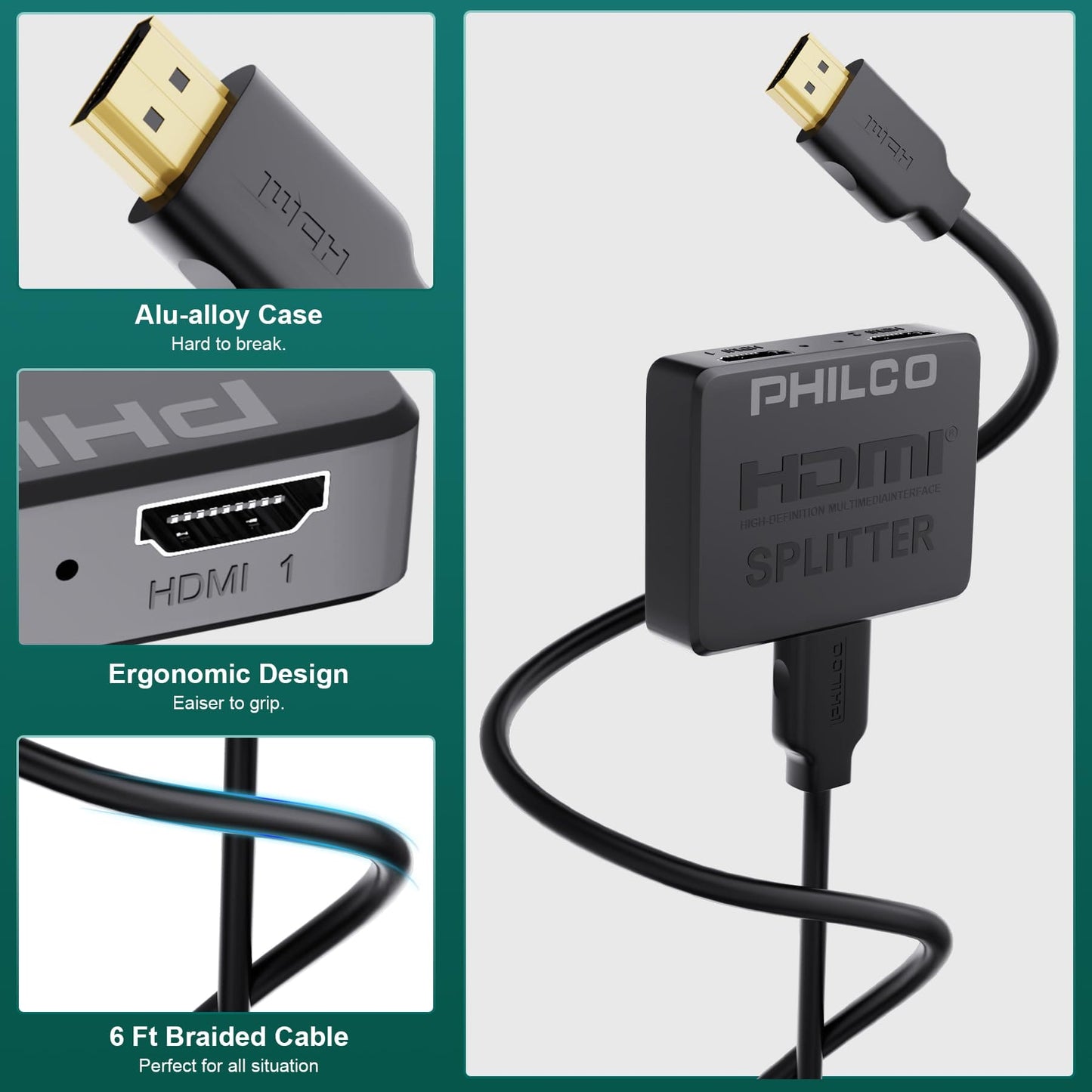 PHILCO HDMI Splitter 1 in 2 Out, 4K 1080P 3D Dual Monitor Mirror, Portable Amplifier with 4ft HDMI Cable - HDMI Splitter 1x2 for Immersive Viewing