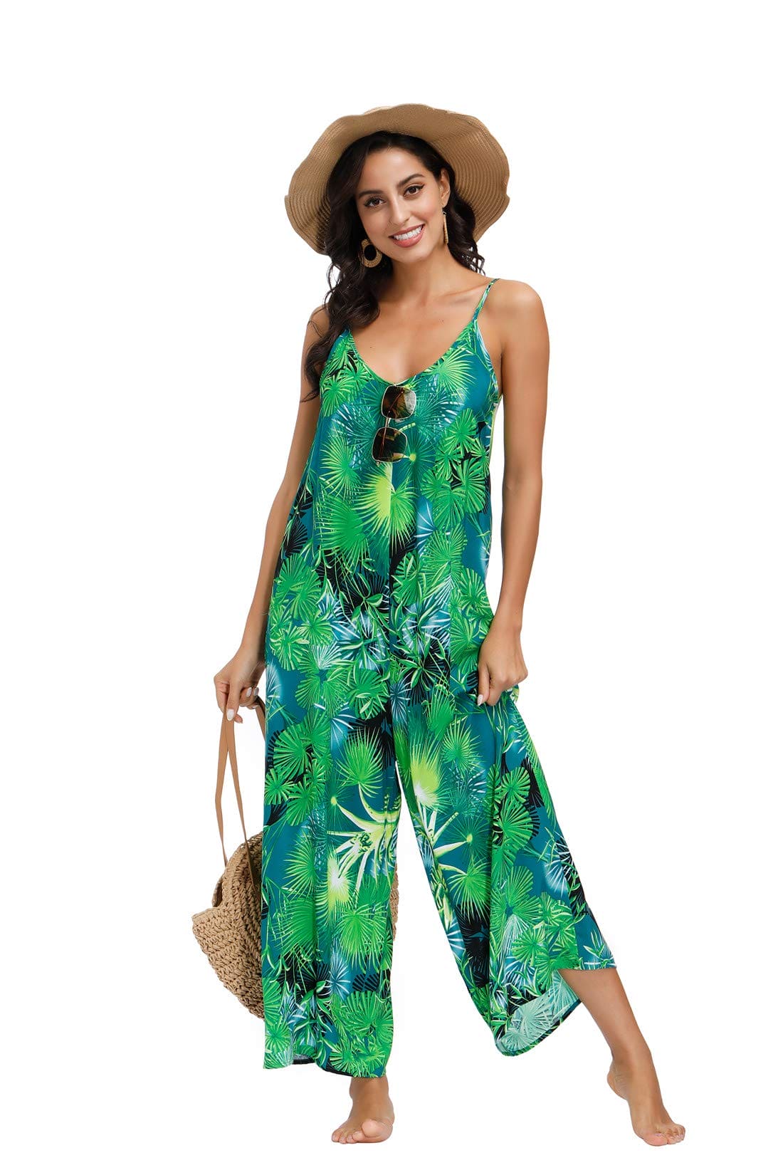 BUENOS NINOS Women's V Neck Floral Maxi Dress Boho Printed Adjustable Spaghetti Strap Ethnic Beach Long Dress with Pockets 3XL Jungle Green Jumpsuit