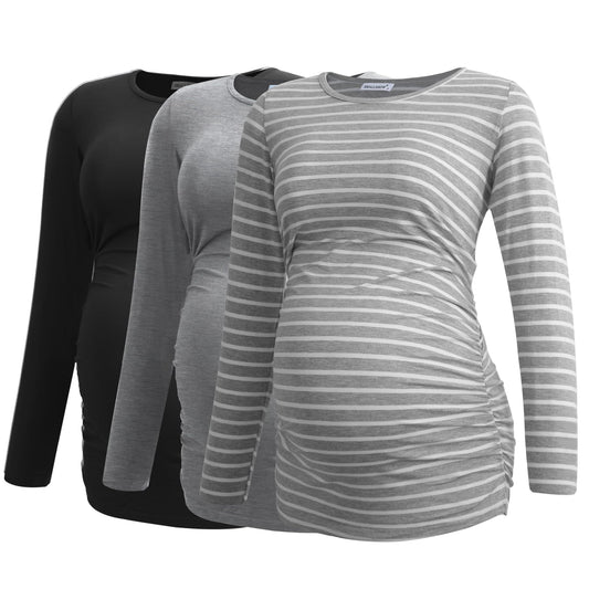 Smallshow Women's Maternity Tops Long Sleeve Pregnancy Clothes T Shirts 3-Packs,Black-Light Grey-Light Grey Stripe,S