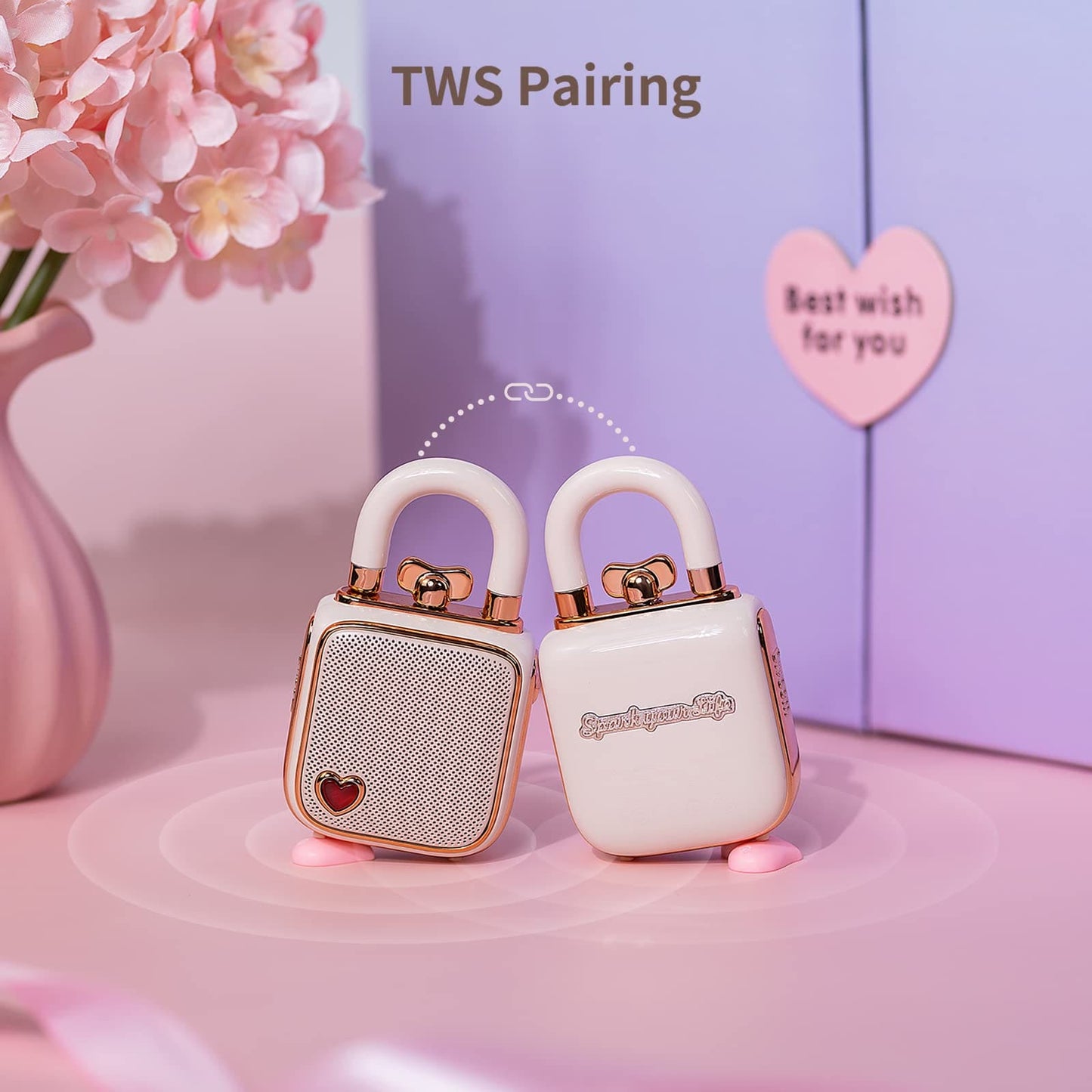 Divoom Love-Lock Bluetooth Speaker, Small Portable Music Box, Wireless Stereo Pairing Retro Soundbox, Cute Desktop Decoration, for Girls, Pink