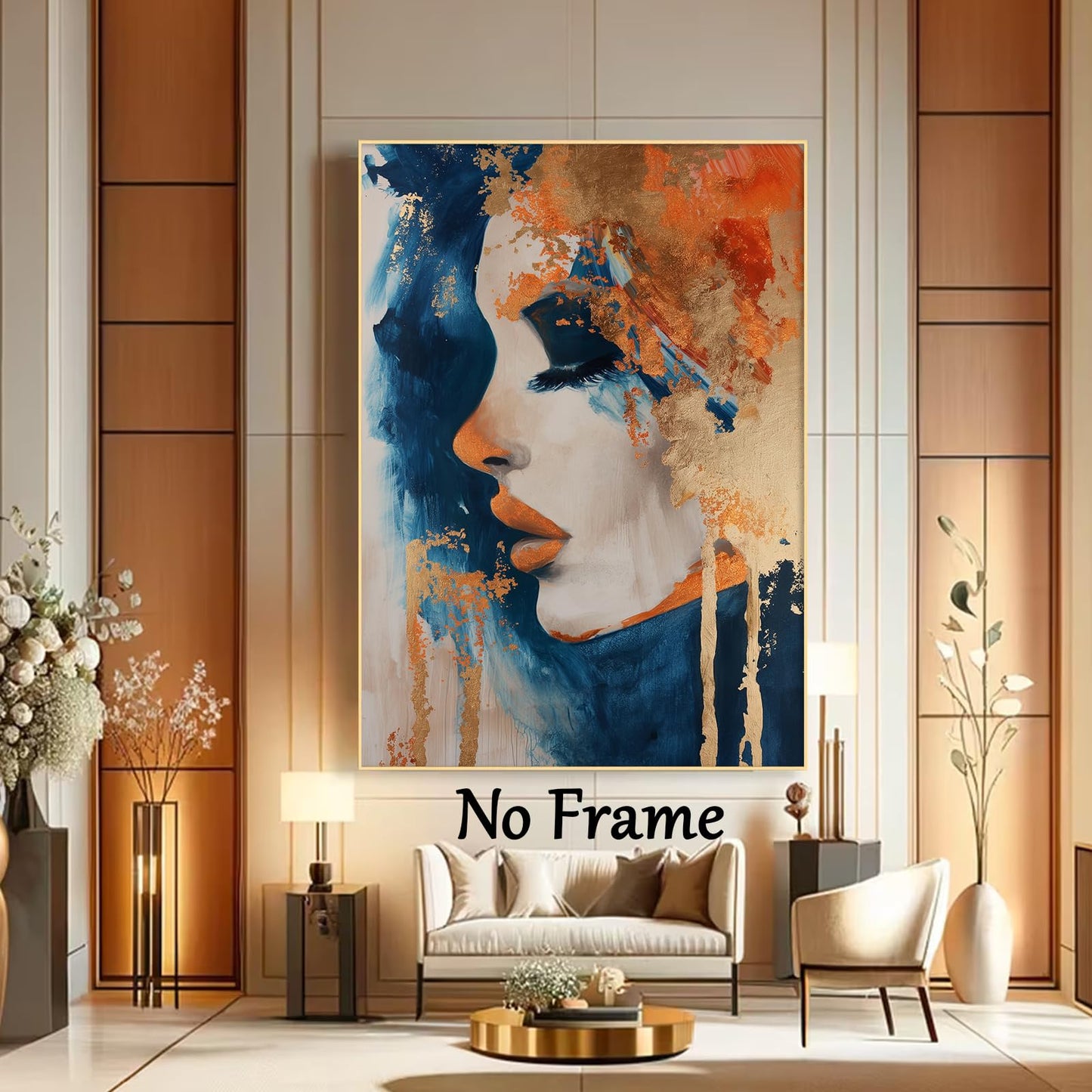 Orange Blue Canvas Wall Art Abstract Gold Painting Modern Abstract Canvas Orange Gold Blue Wall Art Abstract Face Canvas Art Navy Blue & Orange Wall Pictures Modern Orange Painting 16x24inch No Frame