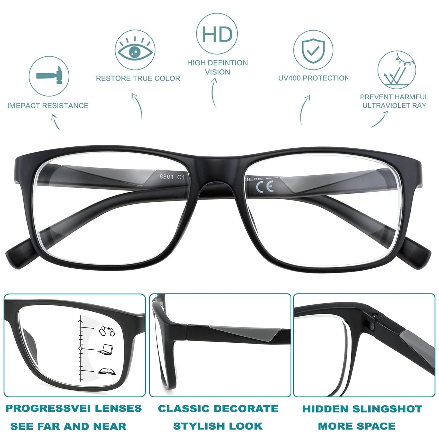 Bifocal Reading Glasses For Men No Line Progressive Multifocus Readers Large Multifocal Flex Focus Dual Vision Bifocals Eyeglasses Wide Transition Trifocal Blue Light Computer lightweight Frame +2.5