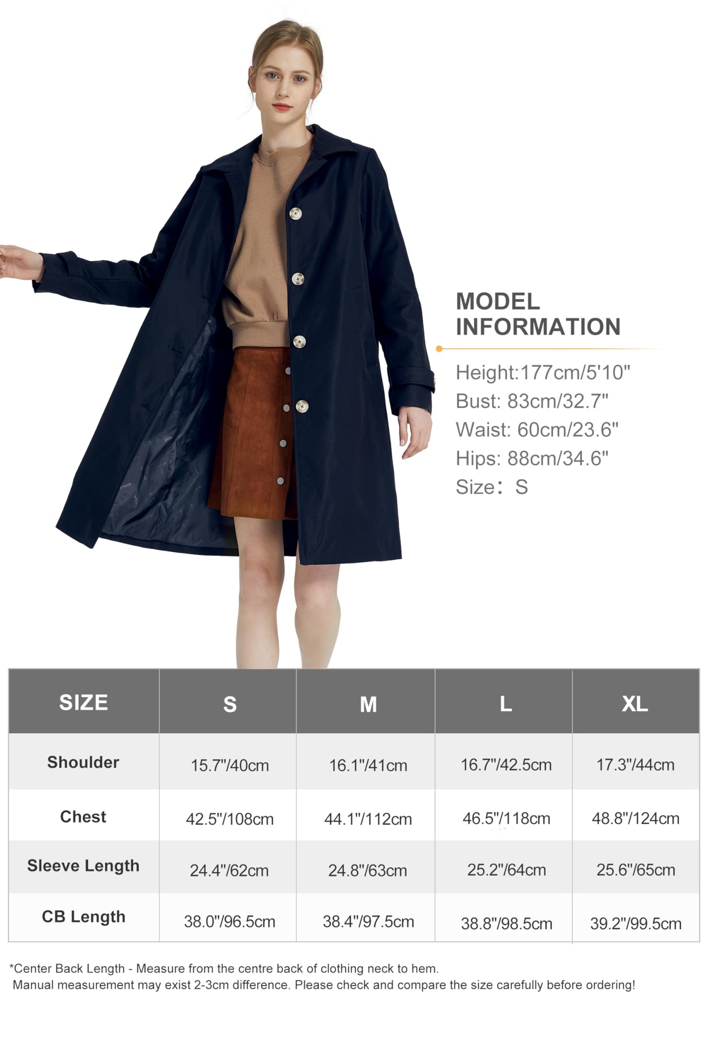 Orolay Women's Trench Coat Single-Breasted Mid Long Classic Lapel Windproof Slim Outerwear Coats Navy M