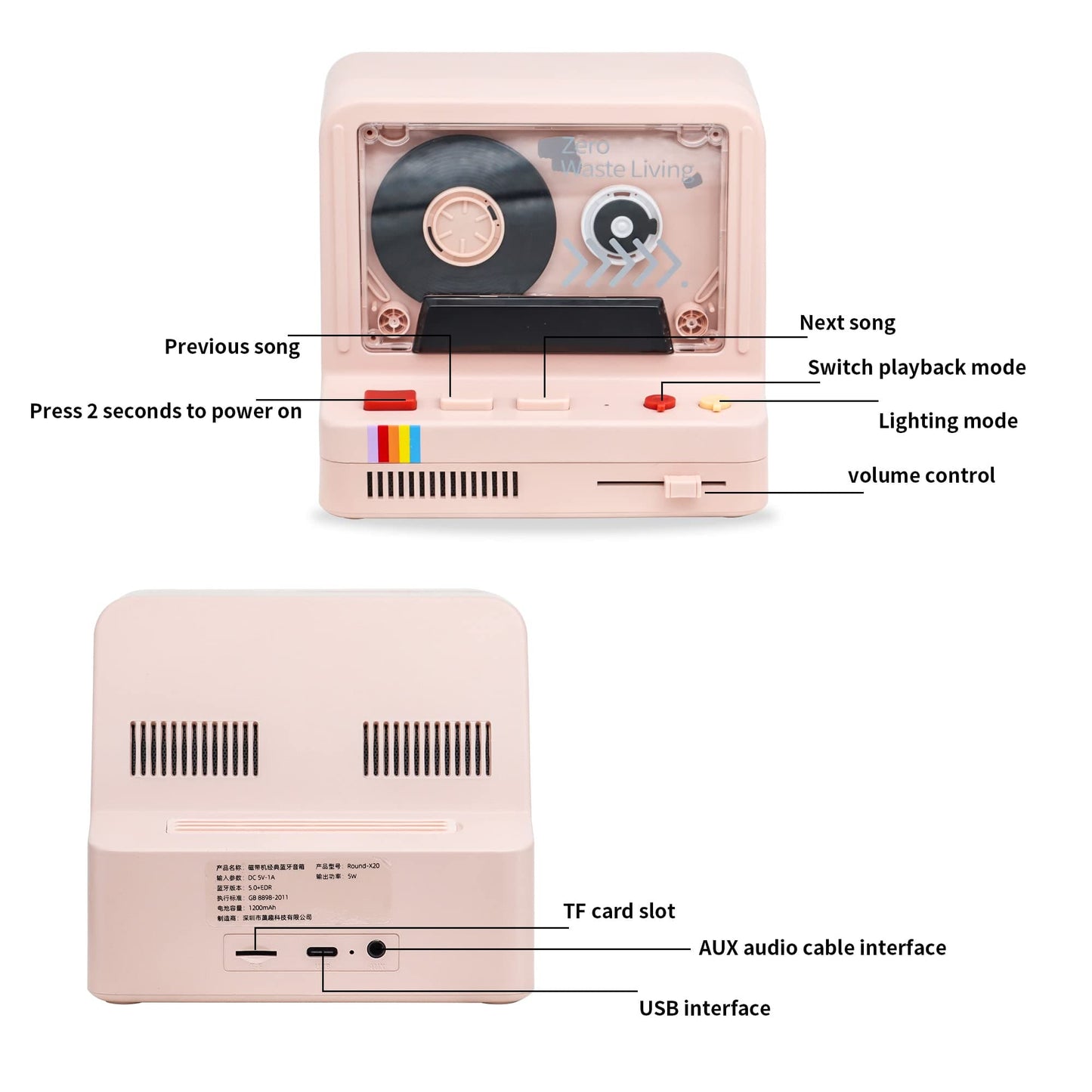 Fsjun X20 Retro Bluetooth Speaker - Hi-Fi Stereo, 5 Lighting Modes, Automatic Rotating Black Disc, BT 5.0/AUX/TF Card Support, 4 Stickers Included (Pink)