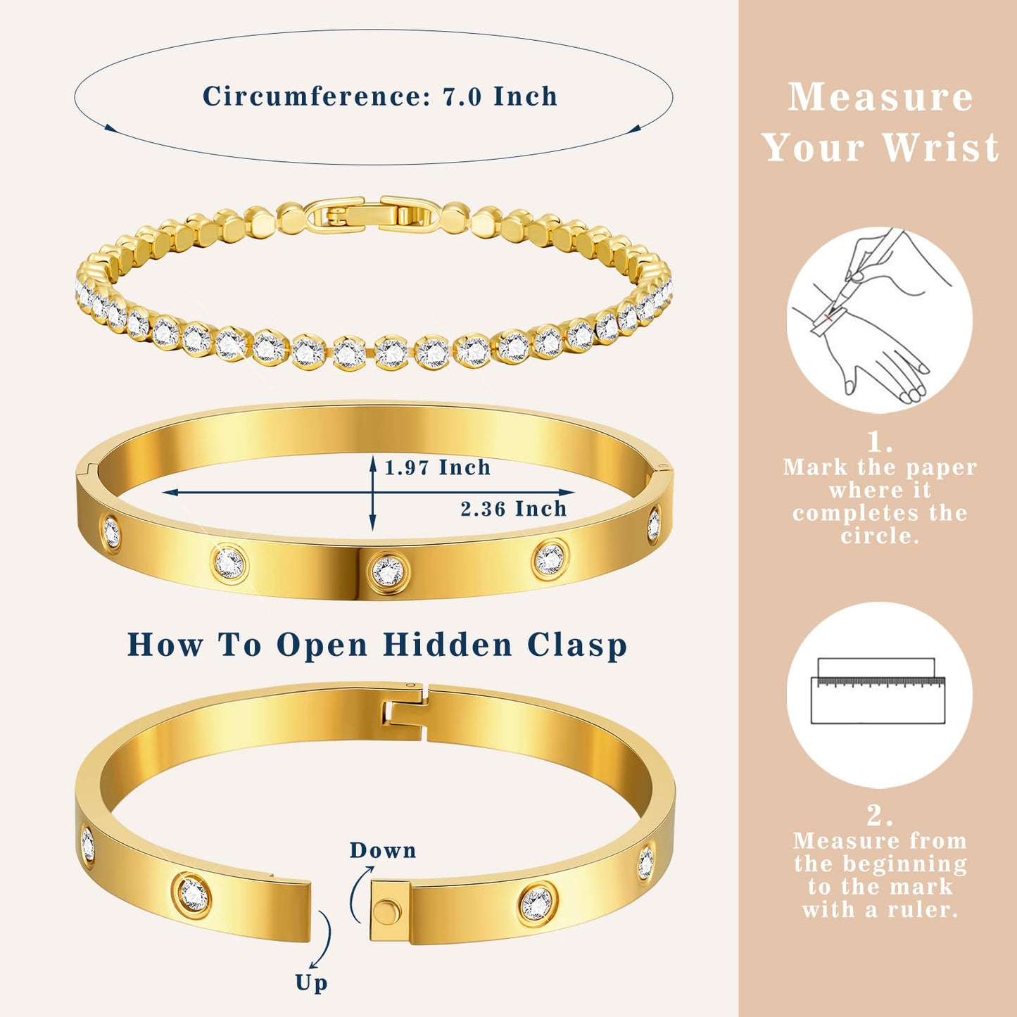 Gold Bracelets for Women Stackable Gold Bangles for Women Tennis Bracelets Bangle Bracelets Cubic Zirconia 14K Gold Plated Jewelry for Mother's Day Gifts Valentine Wedding Birthday 6.5/7/7.5"