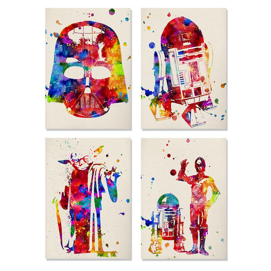 Nacnic set of 4 watercolor star wars posters | Colourful prints of Darth Vader, Yoda, R2-D2 and C3PO | Size a4