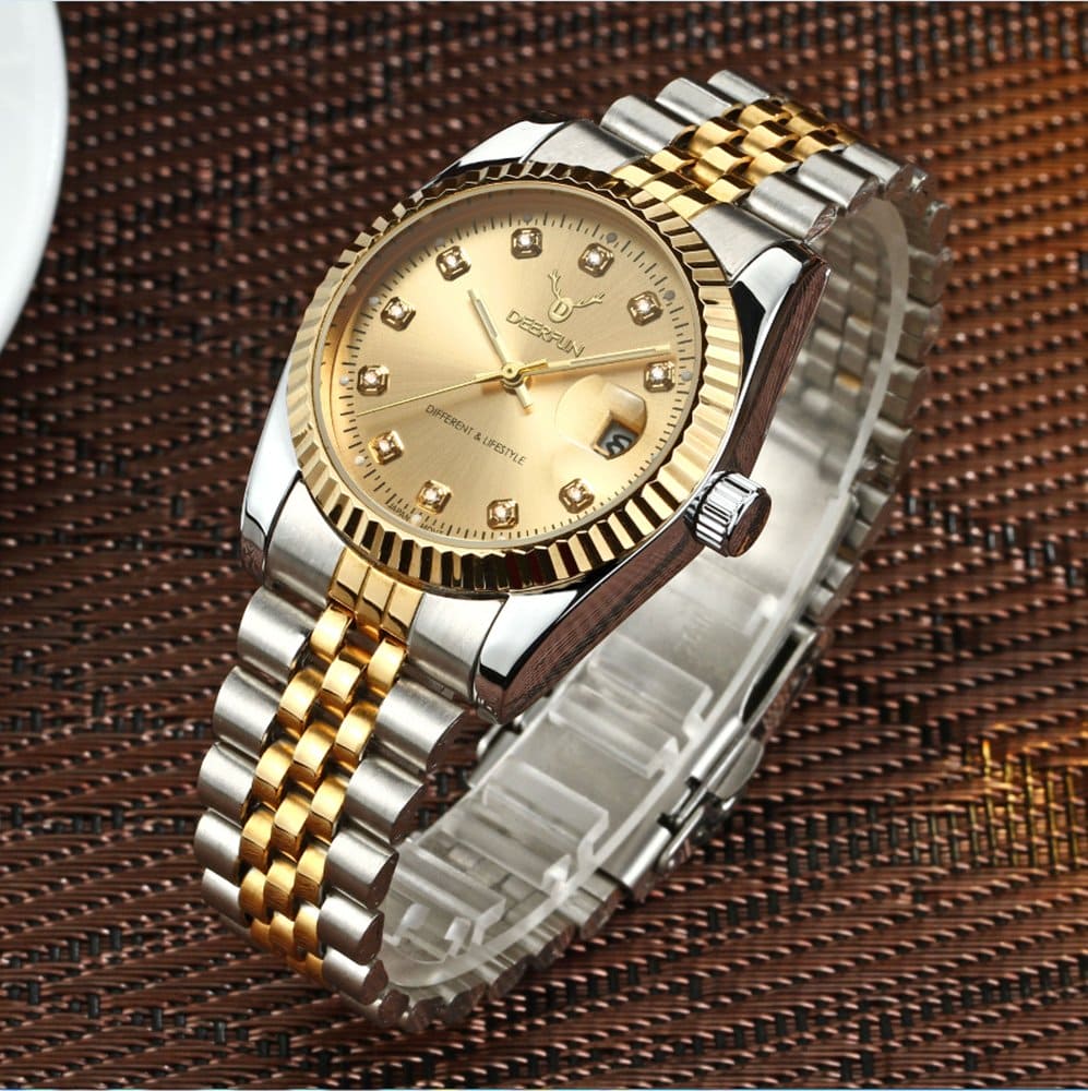 USWATCH Fashion Luxury Stainless Steel Calendar Diamond Luminous Waterproof Sports Women Or Men Quartz Watch (Silver Gold)