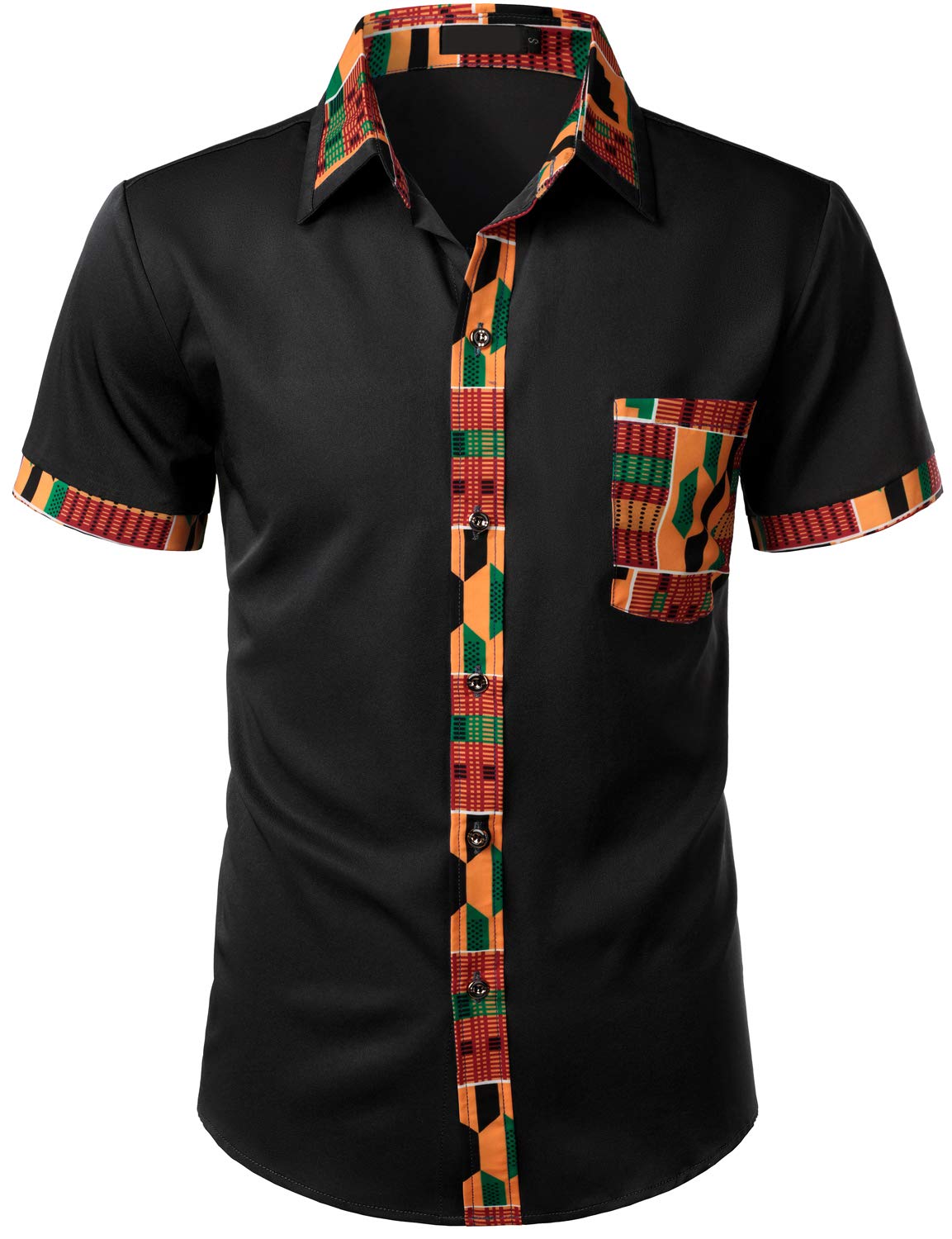 LucMatton Men's African Printed Patchwork Design Short Sleeve Button up Shirt Traditional Dashiki Black Small