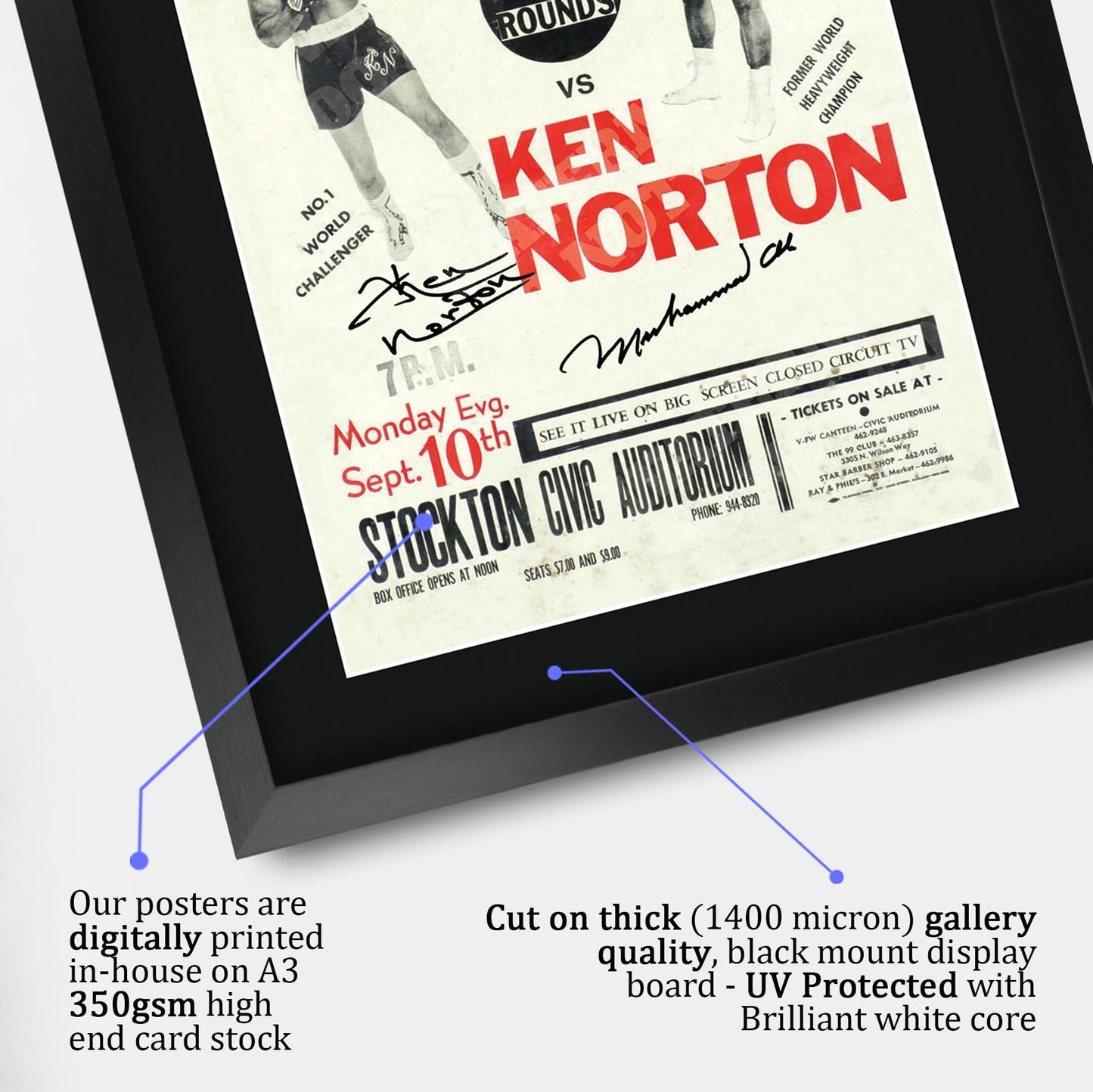 HWC Trading FR A3 Ken Norton v Muhammad Ali 1973 Bout Gifts Printed Signed Autograph Poster for Boxer Memorabilia Fans - A3 Framed