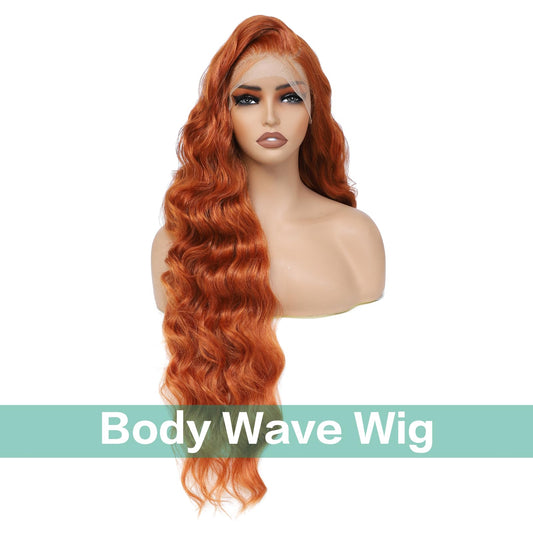 Humistwbiu Body Wave Wigs 13x6 Lace Front Wig Pre-Plucked Hairline with Baby Hair Transparent Swiss Lace Heat Resistant Synthetic Hair Glueless Lace Front Wavy Wigs for Women 32 Inch (#Ginger）