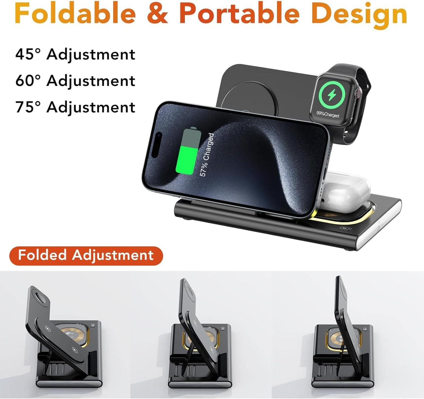 Aimtel 4 in 1 Foldable Charging Station Compatible for Apple Products,Fast Wireless Charger Travel&Light for iPhone 16/15/14/13/12/11/X/8,iWatch 10/Ultra 2/9/Ultra/8/7/6/SE/5/4/3/2,Pods 4/3/2/Pro/2