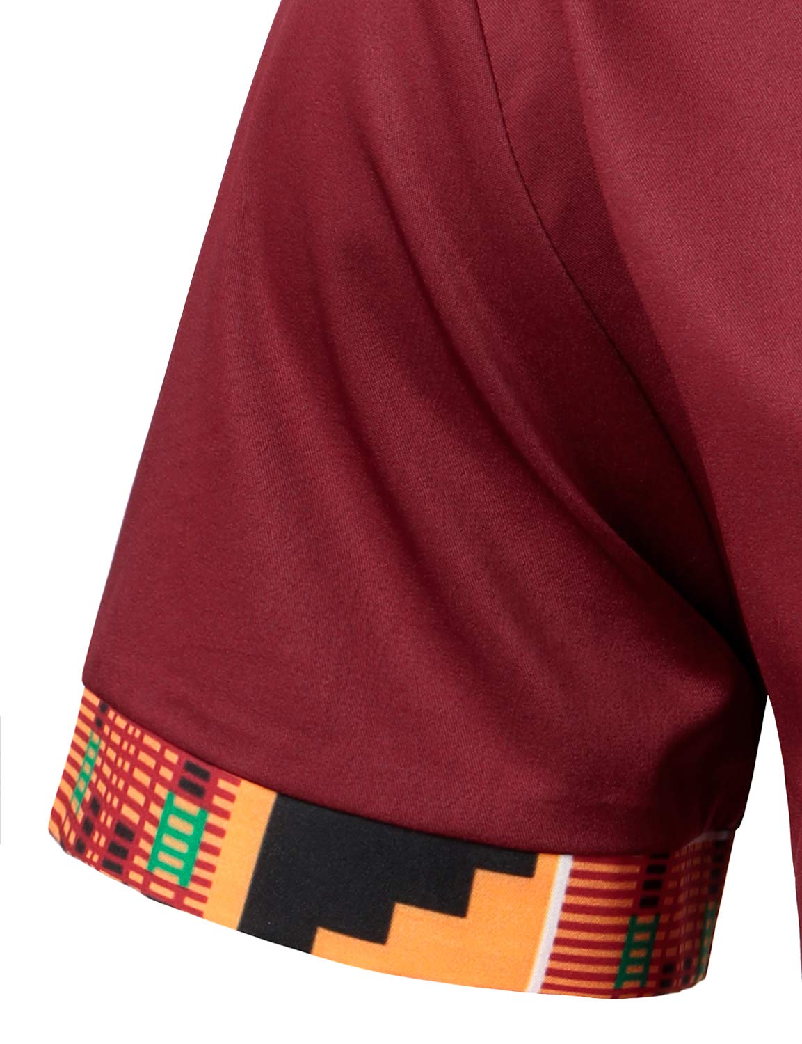 LucMatton Men's African Printed Patchwork Design Short Sleeve Button up Shirt Traditional Dashiki Burgundy Small