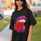 Women's Oversized Baggy Fit Printed Short Sleeve T-Shirts (UK, Alpha, S, Regular, Regular, Black : Lips Printed T-Shirt)