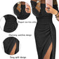 Hanaoops Women Evening Party Dress Elegant Long Sleeve Wrap Dresses Sexy Split Off Shoulder Ruched Bodycon Shiny Dinner Gowns Dresses for Cocktail Club Wedding Black