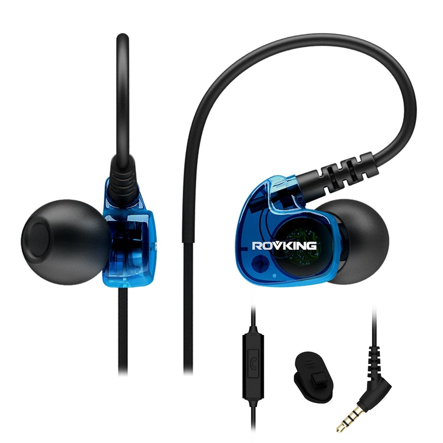 Rovking Sport Headphones Wired Sweatproof, Over Ear Earbuds for Running Gym Workout Exercise Jogging, Stereo in Ear Earphones with Mic, Noise Isolating Earhook Ear Buds for Cell Phone MP3 Laptop Blue