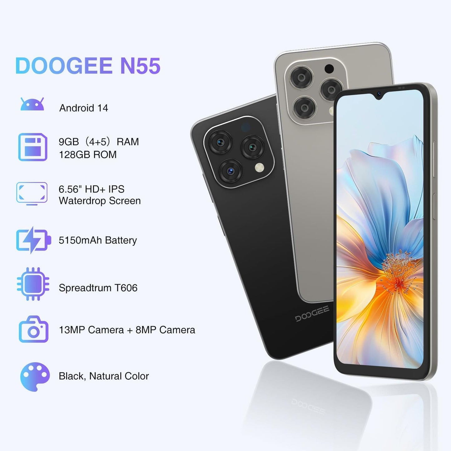 DOOGEE Phone, N55 Android 14 Mobile Phone(2024), 128GB ROM/1TB TF, 90Hz 6.56" HD+ Waterdrop Screen, 5150mAh, Octa Core, 13MP+8MP, 4G Dual SIM Free Unlocked, OTG, Protective Case - Black