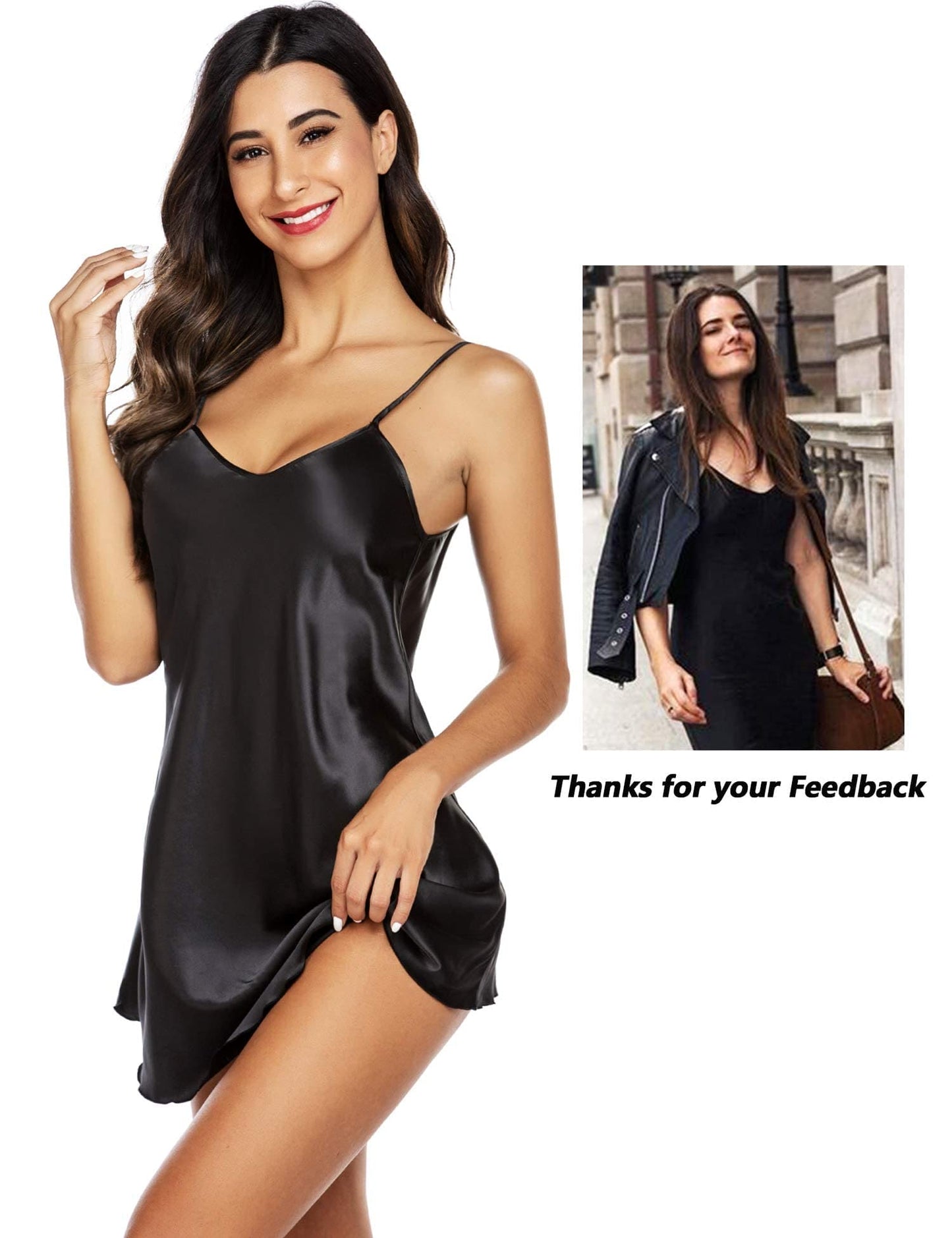 Avidlove Satin Nightgown for Women Silky Slip Dress Black Lingerie Babydoll Nightwear Nightshirt Soft Sleepwear