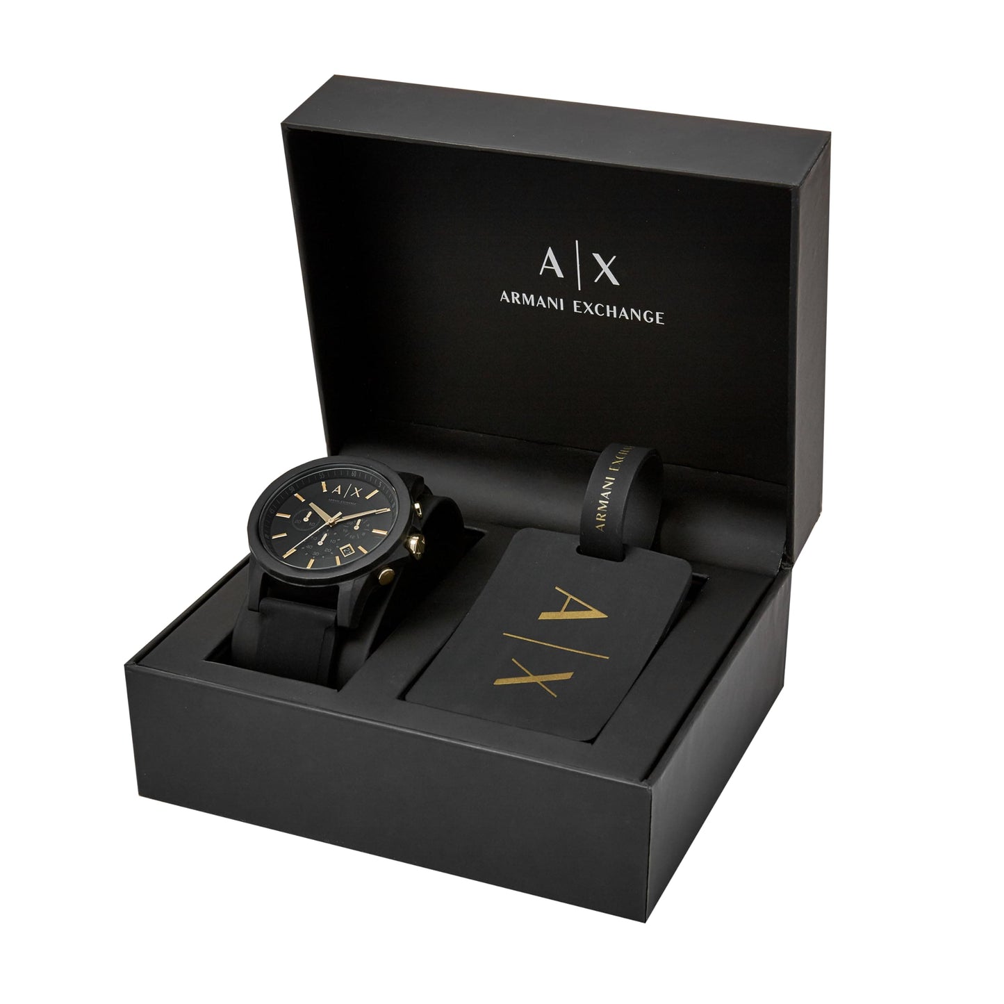 A｜X ARMANI EXCHANGE Men's Chronograph Black Silicone Strap & Luggage Tag Gift Set (Model: AX7105)