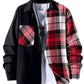 OYOANGLE Men's Colorblock Plaid Print Button Down Long Sleeve Pocket Collared Shirts Top Black and Red M