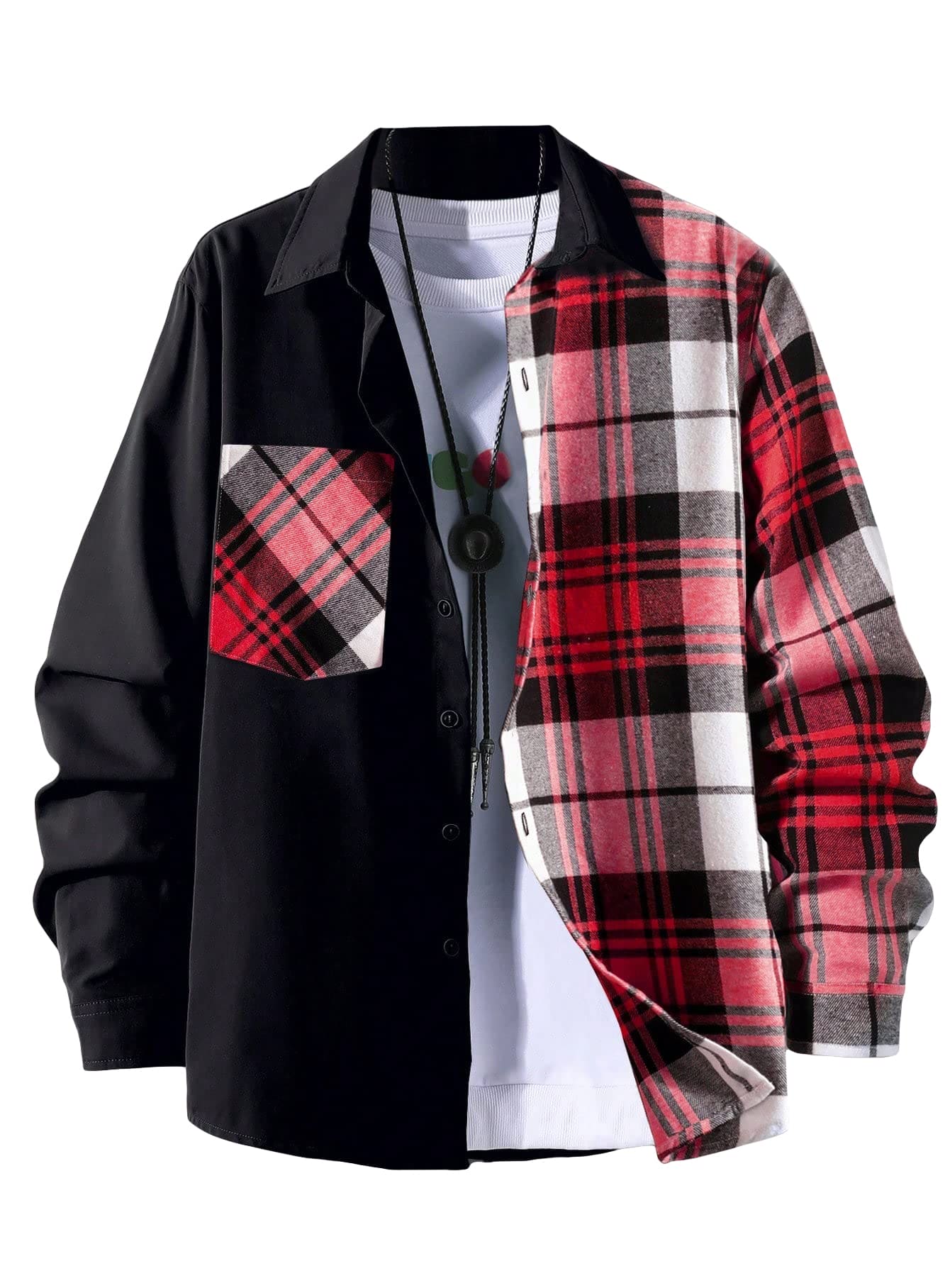 OYOANGLE Men's Colorblock Plaid Print Button Down Long Sleeve Pocket Collared Shirts Top Black and Red M