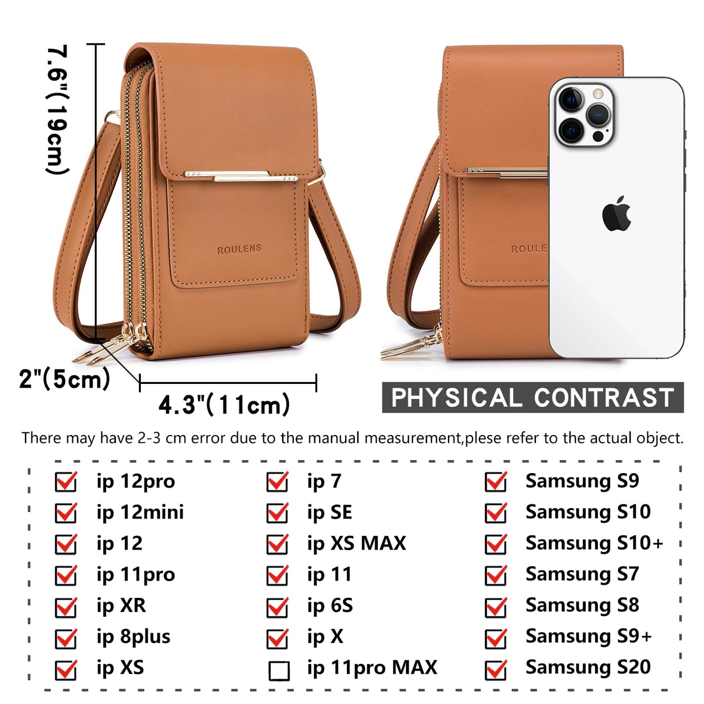 Roulens Women Leather Small Crossbody Phone Bag, Cellphone Shoulder Bags, RFID Blocking PU Leather Phone Wallet with Card Slots, Adjustable, Removable Shoulder Strap