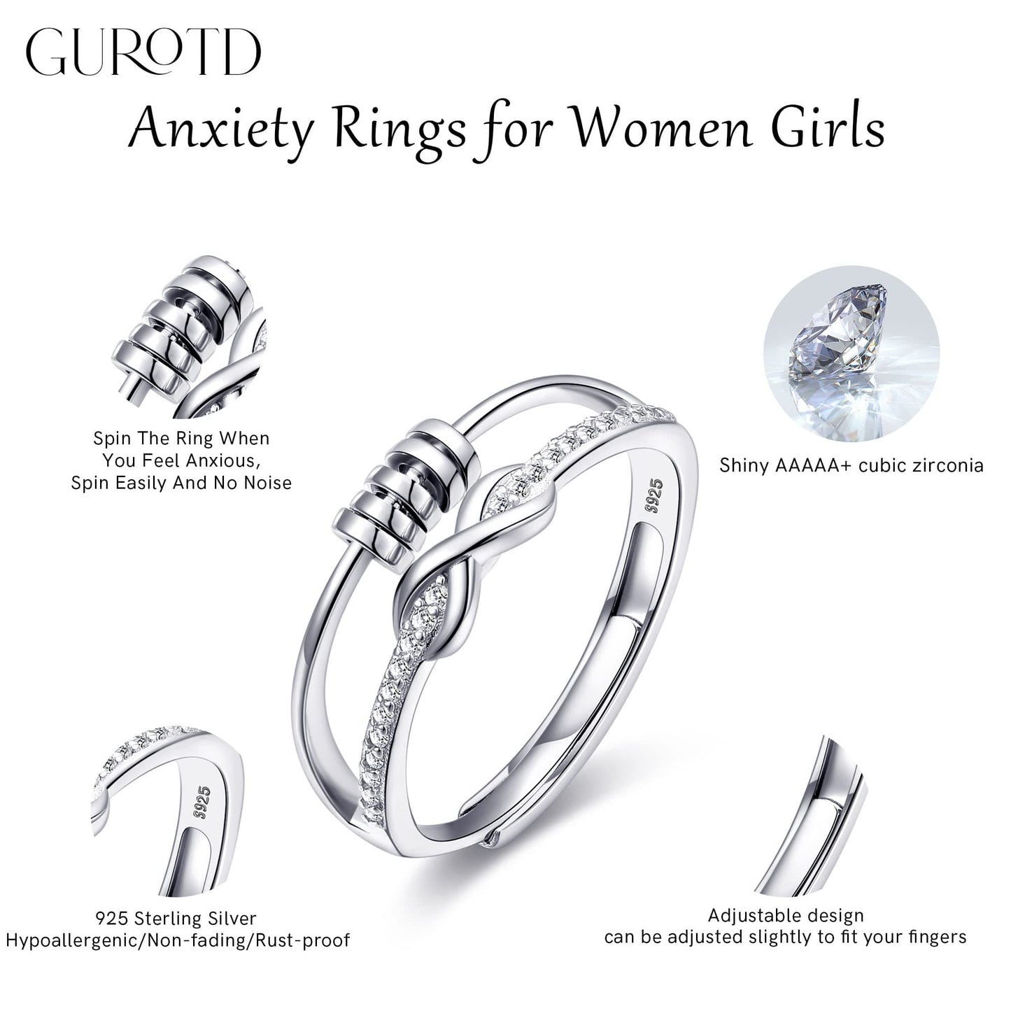 GUROTD Anxiety Rings for Women Girls 925 Sterling Silver Fidget Ring for Anxiety Adjustable Open Cubic Zirconia Spinner Bead Ring Stress Relief Gift, Infinity